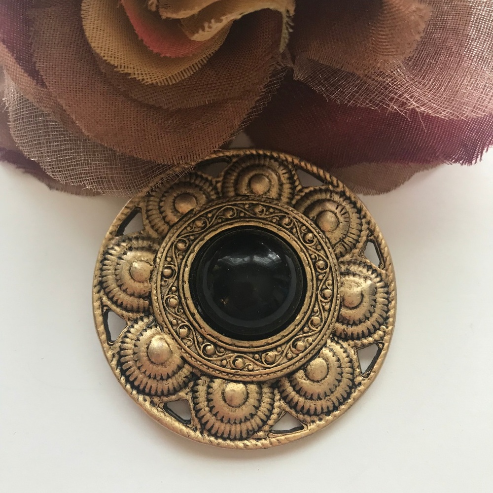 VTG Gold Tone/Black Mayan Medallion Brooch Pin